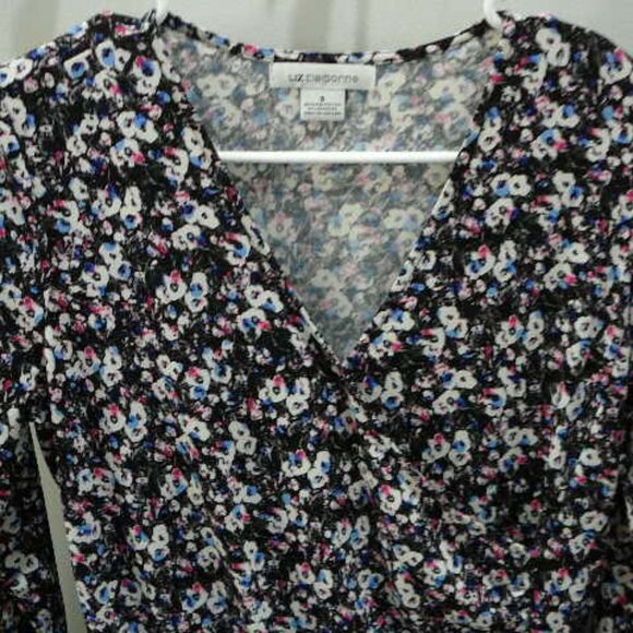 Liz Claiborne Wrap V-Neck Long Sleeve Black Blue Pink White Patterned Blouse-S - Picture 2 of 6